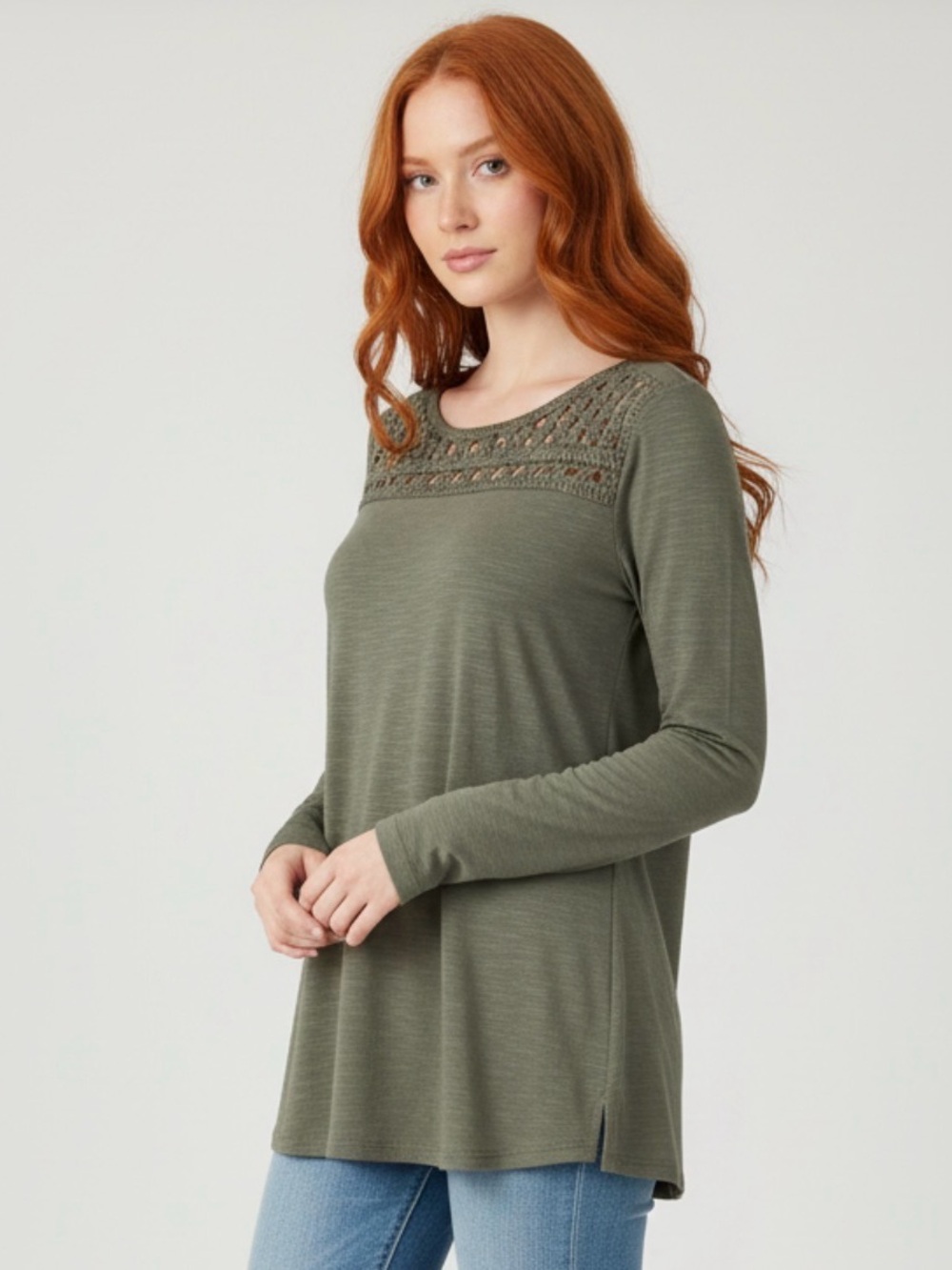 🫶🏻 a.n.a Long Sleeve Crochet Yoke Tunic Top - Olive